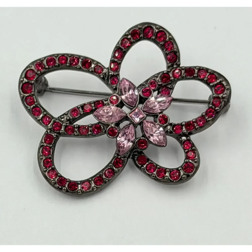 Vintage GIVENCHY Pink Looping Flower Rhinestone Gunmetal Tone Brooch